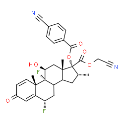 ChemSpider 2D Image | Cyanomethyl (6alpha,8xi,11beta,14xi,16alpha,17alpha)-17-[(4-cyanobenzoyl)oxy]-6,9-difluoro-11-hydroxy-16-methyl-3-oxoandrosta-1,4-diene-17-carboxylate | C31H30F2N2O6