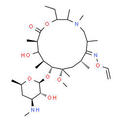 ChemSpider 2D Image | (7E,8R,10S,11R,12S,14R)-2-Ethyl-13-hydroxy-10-methoxy-3,4,6,8,10,12,14-heptamethyl-15-oxo-7-[(vinyloxy)imino]-1-oxa-4-azacyclopentadecan-11-yl 3,4,6-trideoxy-3-(methylamino)-beta-D-xylo-hexopyranoside | C32H59N3O8