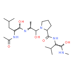 ChemSpider 2D Image | 1-[(2E)-2-{[(1E)-2-Acetamido-1-hydroxy-4-methyl-1-penten-1-yl]imino}-1-hydroxypropyl]-N-[(1Z)-1-hydroxy-3-methyl-1-(methylamino)-1-buten-2-yl]prolinamide | C22H39N5O5