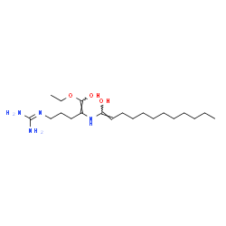 ChemSpider 2D Image | 2-[(4E)-5-Ethoxy-5-hydroxy-4-{[(1Z)-1-hydroxy-1-dodecen-1-yl]amino}-4-penten-1-yl]guanidine | C20H40N4O3