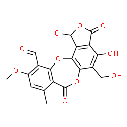 ChemSpider 2D Image | 1,3-Dihydro-1,4-dihydroxy-5-(hydroxymethyl)-10-methoxy-8-methyl-3,7-dioxo-7H-isobenzofuro[4,5-b][1,4]benzodioxepin-11-carboxaldehyde | C19H14O10
