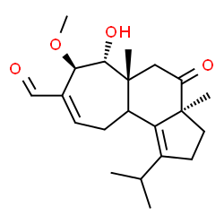 ChemSpider 2D Image | (3aS,5aR,6R,7R)-6-Hydroxy-1-isopropyl-7-methoxy-3a,5a-dimethyl-4-oxo-2,3,3a,4,5,5a,6,7,10,10a-decahydrocyclohepta[e]indene-8-carbaldehyde | C21H30O4