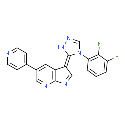 ChemSpider 2D Image | (3E)-3-[4-(2,3-Difluorophenyl)-2,4-dihydro-3H-1,2,4-triazol-3-ylidene]-5-(4-pyridinyl)-3H-pyrrolo[2,3-b]pyridine | C20H12F2N6