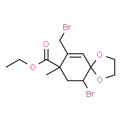 ChemSpider 2D Image | Ethyl 10-bromo-7-(bromomethyl)-8-methyl-1,4-dioxaspiro[4.5]dec-6-ene-8-carboxylate | C13H18Br2O4