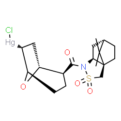 ChemSpider 2D Image | Chloro[(1R,2S,5R,6R)-2-{[(1R,5S,7S)-10,10-dimethyl-3,3-dioxido-3-thia-4-azatricyclo[5.2.1.0~1,5~]dec-4-yl]carbonyl}-8-oxabicyclo[3.2.1]oct-6-yl]mercury | C18H26ClHgNO4S