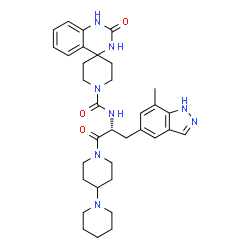 ChemSpider 2D Image | N-[(2R)-1-(1,4'-Bipiperidin-1'-yl)-3-(7-methyl-1H-indazol-5-yl)-1-oxo-2-propanyl]-2'-oxo-2',3'-dihydro-1H,1'H-spiro[piperidine-4,4'-quinazoline]-1-carboxamide | C34H44N8O3