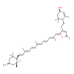 ChemSpider 2D Image | (5Z)-4-{2-[(1R,4R)-4-Hydroxy-2,6,6-trimethyl-2-cyclohexen-1-yl]ethyl}-5-{(2E,4E,6E,8E,10E,12E)-13-[(1S,4S,6R)-4-hydroxy-2,2,6-trimethyl-7-oxabicyclo[4.1.0]hept-1-yl]-2,7,11-trimethyl-2,4,6,8,10,12-tri
decahexaen-1-ylidene}-2(5H)-furanone | C40H54O5