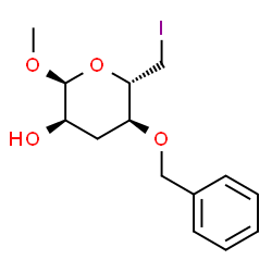 ChemSpider 2D Image | Methyl 4-O-benzyl-3,6-dideoxy-6-iodo-alpha-D-ribo-hexopyranoside | C14H19IO4