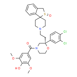 ChemSpider 2D Image | {(2R)-2-(3,4-Dichlorophenyl)-2-[2-(2-oxido-1'H,3H-spiro[2-benzothiophene-1,4'-piperidin]-1'-yl)ethyl]-4-morpholinyl}(4-hydroxy-3,5-dimethoxyphenyl)methanone | C33H36Cl2N2O6S