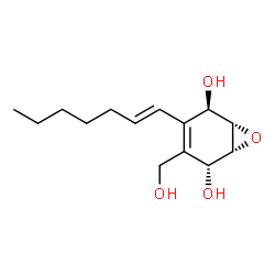 ChemSpider 2D Image | (1S,2R,5R,6R)-3-[(1E)-1-Hepten-1-yl]-4-(hydroxymethyl)-7-oxabicyclo[4.1.0]hept-3-ene-2,5-diol | C14H22O4
