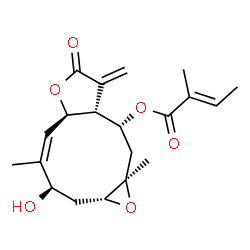 ChemSpider 2D Image | (1aR,3R,4Z,5aR,8aR,9R,10aR)-3-Hydroxy-4,10a-dimethyl-8-methylene-7-oxo-1a,2,3,5a,7,8,8a,9,10,10a-decahydrooxireno[5,6]cyclodeca[1,2-b]furan-9-yl (2E)-2-methyl-2-butenoate | C20H26O6