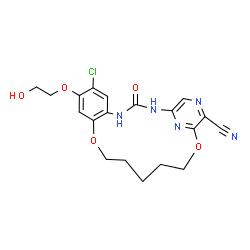 ChemSpider 2D Image | 7-Chloro-8-(2-hydroxyethoxy)-3-oxo-11,17-dioxa-2,4,20,22-tetraazatricyclo[16.3.1.0~5,10~]docosa-1(22),5,7,9,18,20-hexaene-19-carbonitrile | C19H20ClN5O5