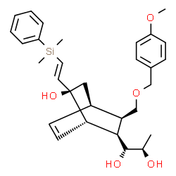 ChemSpider 2D Image | (1R,2R)-1-[(1S,2R,3R,4R,7S)-7-{(E)-2-[Dimethyl(phenyl)silyl]vinyl}-7-hydroxy-3-{[(4-methoxybenzyl)oxy]methyl}bicyclo[2.2.2]oct-5-en-2-yl]-1,2-propanediol | C30H40O5Si