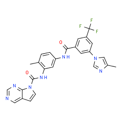 ChemSpider 2D Image | N-(2-Methyl-5-{[3-(4-methyl-1H-imidazol-1-yl)-5-(trifluoromethyl)benzoyl]amino}phenyl)-7H-pyrrolo[2,3-d]pyrimidine-7-carboxamide | C26H20F3N7O2