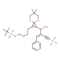 ChemSpider 2D Image | (2E)-2-Benzylidene-1-[2-(4-{[dimethyl(2-methyl-2-propanyl)silyl]oxy}butyl)-6,6-dimethyl-4,8-dioxaspiro[2.5]oct-1-en-1-yl]-4-(trimethylsilyl)-3-butyn-1-ol | C32H50O4Si2