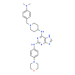 ChemSpider 2D Image | N~6~-{1-[4-(Dimethylamino)benzyl]-4-piperidinyl}-N~2~-[4-(4-morpholinyl)phenyl]-7H-purine-2,6-diamine | C29H37N9O