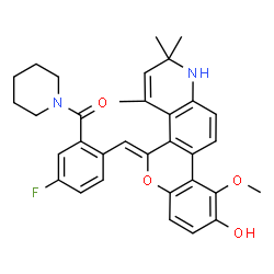 ChemSpider 2D Image | {5-Fluoro-2-[(Z)-(9-hydroxy-10-methoxy-2,2,4-trimethyl-1,2-dihydro-5H-chromeno[3,4-f]quinolin-5-ylidene)methyl]phenyl}(1-piperidinyl)methanone | C33H33FN2O4