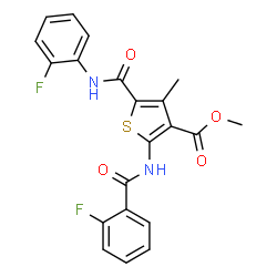 ChemSpider 2D Image | Methyl 2-[(2-fluorobenzoyl)amino]-5-[(2-fluorophenyl)carbamoyl]-4-methyl-3-thiophenecarboxylate | C21H16F2N2O4S