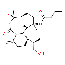 ChemSpider 2D Image | (1R,2R,3R,7R,10R,11R,14R)-10-Hydroxy-3-[(2R)-1-hydroxy-2-propanyl]-10,14-dimethyl-6-methylene-8-oxo-15-oxatricyclo[9.3.1.0~2,7~]pentadec-14-yl butyrate | C24H38O6