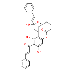 ChemSpider 2D Image | (13R)-3,5,15-Trihydroxy-4-[(2E)-3-phenyl-2-propenoyl]-15-[(E)-2-phenylvinyl]-8,14-dioxatricyclo[11.3.1.0~2,7~]heptadeca-2,4,6-trien-9-one | C32H30O7