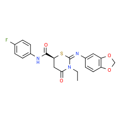 ChemSpider 2D Image | (2E,6S)-2-(1,3-Benzodioxol-5-ylimino)-3-ethyl-N-(4-fluorophenyl)-4-oxo-1,3-thiazinane-6-carboxamide | C20H18FN3O4S
