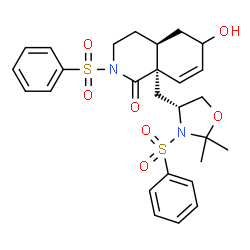 ChemSpider 2D Image | (4aS,8aS)-8a-{[(4R)-2,2-Dimethyl-3-(phenylsulfonyl)-1,3-oxazolidin-4-yl]methyl}-6-hydroxy-2-(phenylsulfonyl)-3,4,4a,5,6,8a-hexahydro-1(2H)-isoquinolinone | C27H32N2O7S2