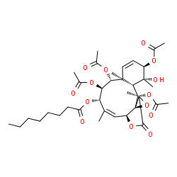 ChemSpider 2D Image | (1R,2R,4aS,5R,6R,7S,8Z,9aS,11aR,12aS,13S,13aS)-2,5,6,13-Tetraacetoxy-1-hydroxy-1,4a,8,11a-tetramethyl-11-oxo-2,4a,5,6,7,9a,11,11a,13,13a-decahydro-1H-benzo[4,5]cyclodeca[1,2-b]oxireno[c]furan-7-yl oct
anoate | C36H50O14