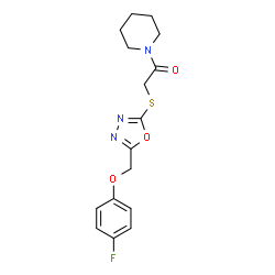 ChemSpider 2D Image | 2-({5-[(4-Fluorophenoxy)methyl]-1,3,4-oxadiazol-2-yl}sulfanyl)-1-(1-piperidinyl)ethanone | C16H18FN3O3S
