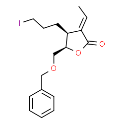 ChemSpider 2D Image | (3E,4S,5R)-5-[(Benzyloxy)methyl]-3-ethylidene-4-(3-iodopropyl)dihydro-2(3H)-furanone | C17H21IO3