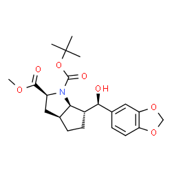 ChemSpider 2D Image | 2-Methyl 1-(2-methyl-2-propanyl) (2S,3aS,6R,6aR)-6-[(R)-1,3-benzodioxol-5-yl(hydroxy)methyl]hexahydrocyclopenta[b]pyrrole-1,2(2H)-dicarboxylate | C22H29NO7