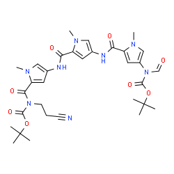 ChemSpider 2D Image | 2-Methyl-2-propanyl (2-cyanoethyl){[4-({[4-({[4-(formyl{[(2-methyl-2-propanyl)oxy]carbonyl}amino)-1-methyl-1H-pyrrol-2-yl]carbonyl}amino)-1-methyl-1H-pyrrol-2-yl]carbonyl}amino)-1-methyl-1H-pyrrol-2-y
l]carbonyl}carbamate | C32H40N8O8