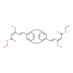 ChemSpider 2D Image | Diethyl (2E,4E,2'E,4'E)-5,5'-tricyclo[8.2.2.2~4,7~]hexadeca-1(12),4,6,10,13,15-hexaene-5,11-diylbis(3-methoxy-2,4-pentadienoate) | C32H36O6