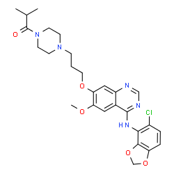ChemSpider 2D Image | 1-{4-[3-({4-[(5-Chloro-1,3-benzodioxol-4-yl)amino]-6-methoxy-7-quinazolinyl}oxy)propyl]-1-piperazinyl}-2-methyl-1-propanone | C27H32ClN5O5