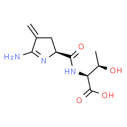ChemSpider 2D Image | N-{[(2S)-5-Amino-4-methylene-3,4-dihydro-2H-pyrrol-2-yl]carbonyl}-L-threonine | C10H15N3O4