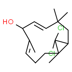 ChemSpider 2D Image | (4E,7E)-12,12-Dichloro-1,5,9,9-tetramethylbicyclo[9.1.0]dodeca-4,7-dien-6-ol | C16H24Cl2O