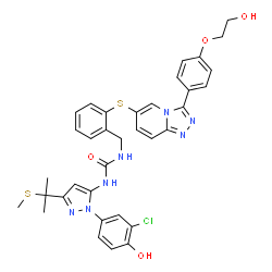 ChemSpider 2D Image | 1-{1-(3-Chloro-4-hydroxyphenyl)-3-[2-(methylsulfanyl)-2-propanyl]-1H-pyrazol-5-yl}-3-[2-({3-[4-(2-hydroxyethoxy)phenyl][1,2,4]triazolo[4,3-a]pyridin-6-yl}sulfanyl)benzyl]urea | C35H34ClN7O4S2