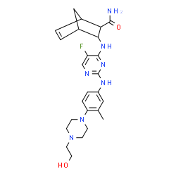 ChemSpider 2D Image | 3-{[5-Fluoro-2-({4-[4-(2-hydroxyethyl)-1-piperazinyl]-3-methylphenyl}amino)-4-pyrimidinyl]amino}bicyclo[2.2.1]hept-5-ene-2-carboxamide | C25H32FN7O2