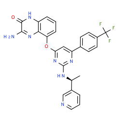 ChemSpider 2D Image | 3-Amino-5-[(2-{[(1S)-1-(3-pyridinyl)ethyl]amino}-6-[4-(trifluoromethyl)phenyl]-4-pyrimidinyl)oxy]-2(1H)-quinoxalinone | C26H20F3N7O2