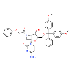 ChemSpider 2D Image | 4-Amino-1-[(1R,3R,4S,5R)-3-{[bis(4-methoxyphenyl)(phenyl)methoxy]methyl}-4-hydroxy-6-(phenoxyacetyl)-2-oxa-6-azabicyclo[3.2.0]hept-1-yl]-2(1H)-pyrimidinone | C39H38N4O8
