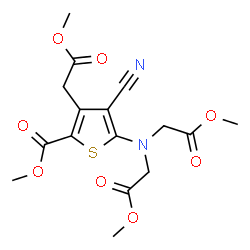 ChemSpider 2D Image | Methyl 5-[bis(2-methoxy-2-oxoethyl)amino]-4-cyano-2-(methoxycarbonyl)-3-thiopheneacetate | C16H18N2O8S