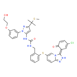 ChemSpider 2D Image | 1-(2-{[(3E)-3-(3-Chloro-6-oxo-2,4-cyclohexadien-1-ylidene)-2,3-dihydro[1,2,4]triazolo[4,3-a]pyridin-6-yl]sulfanyl}benzyl)-3-{1-[3-(2-hydroxyethoxy)phenyl]-3-[2-(methylsulfanyl)-2-propanyl]-1H-pyrazol-
5-yl}urea | C35H34ClN7O4S2