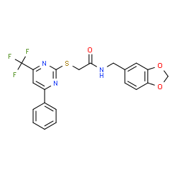 ChemSpider 2D Image | N-(1,3-Benzodioxol-5-ylmethyl)-2-{[4-phenyl-6-(trifluoromethyl)-2-pyrimidinyl]sulfanyl}acetamide | C21H16F3N3O3S