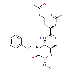 ChemSpider 2D Image | Methyl 3-O-benzyl-4,6-dideoxy-4-{[(2R)-2,4-diacetoxybutanoyl]amino}-alpha-D-mannopyranoside | C22H31NO9
