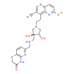 ChemSpider 2D Image | 4-{2-[(3S,4S)-3,4-Dihydroxy-3-({[(3-oxo-3,4-dihydro-2H-pyrido[3,2-b][1,4]oxazin-6-yl)methyl]amino}methyl)-1-pyrrolidinyl]ethyl}-6-methoxy-1,5-naphthyridine-3-carbonitrile | C25H27N7O5