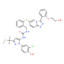 ChemSpider 2D Image | 1-{1-(3-Chloro-4-hydroxyphenyl)-3-[2-(methylsulfanyl)-2-propanyl]-1H-pyrazol-5-yl}-3-[2-({3-[2-(2-hydroxyethoxy)phenyl][1,2,4]triazolo[4,3-a]pyridin-6-yl}sulfanyl)benzyl]urea | C35H34ClN7O4S2