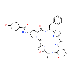 ChemSpider 2D Image | cis-N-[(5S,7S,10S,17R,20R)-10-Benzyl-17-isobutyl-20-methyl-2,8,15,18-tetraoxo-12,22-dioxa-3,9,16,19,24,25-hexaazatetracyclo[19.2.1.1~11,14~.0~3,7~]pentacosa-1(23),11(25),13,21(24)-tetraen-5-yl]-4-hydr
oxycyclohexanecarboxamide | C36H45N7O8