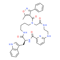 ChemSpider 2D Image | (15S)-15-(1H-Indol-3-ylmethyl)-8-[(5-methyl-3-phenyl-1,2-oxazol-4-yl)carbonyl]-2,5,8,13,16,22-hexaazabicyclo[16.3.1]docosa-1(22),18,20-triene-6,14,17-trione | C36H38N8O5