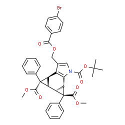 ChemSpider 2D Image | 4,5-Dimethyl 1-(2-methyl-2-propanyl) (3bR,4S,4aR,4bR,5S,5aS)-3-{[(4-bromobenzoyl)oxy]methyl}-4,5-diphenyl-3b,4,4a,4b,5,5a-hexahydro-1H-dicyclopropa[e,g]indole-1,4,5-tricarboxylate | C39H36BrNO8