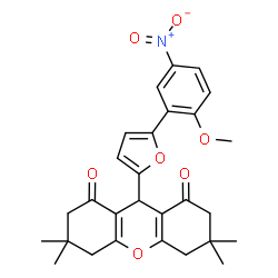 ChemSpider 2D Image | 9-[5-(2-Methoxy-5-nitrophenyl)-2-furyl]-3,3,6,6-tetramethyl-3,4,5,6,7,9-hexahydro-1H-xanthene-1,8(2H)-dione | C28H29NO7