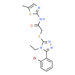 ChemSpider 2D Image | 2-{[5-(2-Bromophenyl)-4-ethyl-4H-1,2,4-triazol-3-yl]sulfanyl}-N-(5-methyl-1,3-thiazol-2-yl)acetamide | C16H16BrN5OS2